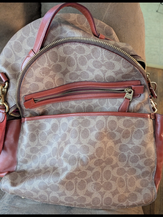 Coach Handbags - Coach Signature Canvas Backpack in Brown with Red Leather Trim